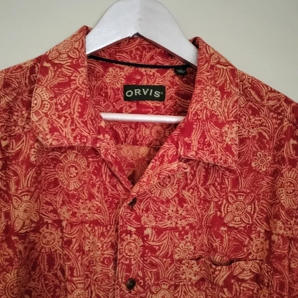 Men's Orvis Size Large Short Sleeves Top Shirt Button Up Pocket Rust Cream - Picture 2 of 5